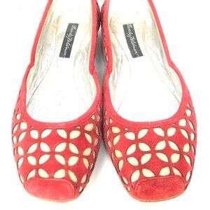 Share Beverly Feldman Red Suede & Raffia-on-Leather Square Toe Ballet Flats 8M